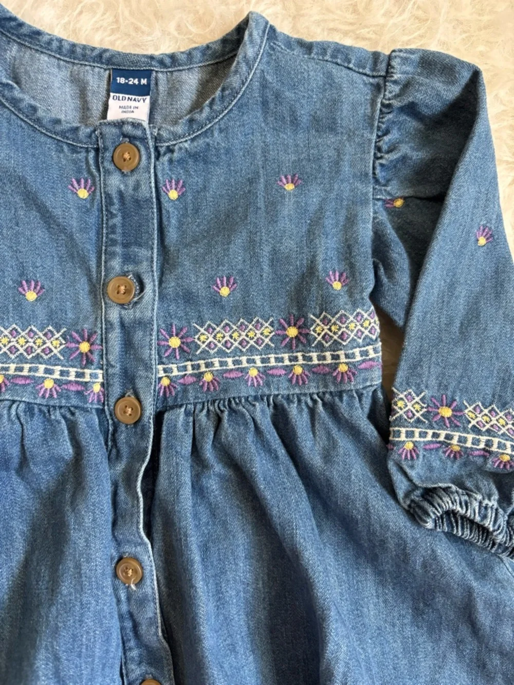 Old Navy Baby Girl Dark Blue Denim Dress with Dainty Floral Embroidery